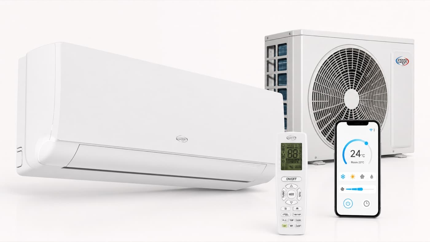 Argo X3I Eco Plus airco-set: binnenunit, buitenunit, afstandsbediening en app-bediening