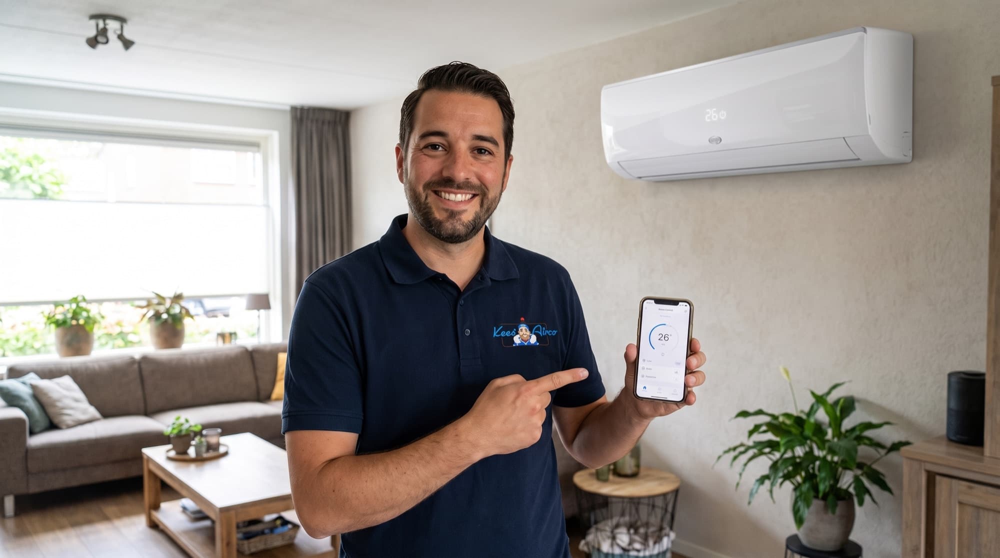 Monteur van Keesairco toont de app-bediening op een telefoon naast een Argo-airco