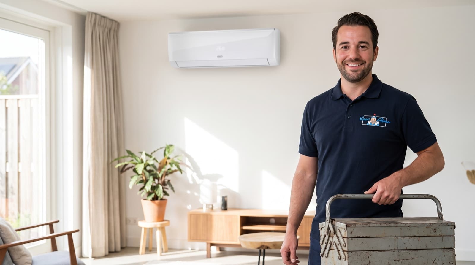 Monteur van Keesairco met gereedschapskoffer in een lichte woonkamer met een Argo-airco aan de wand