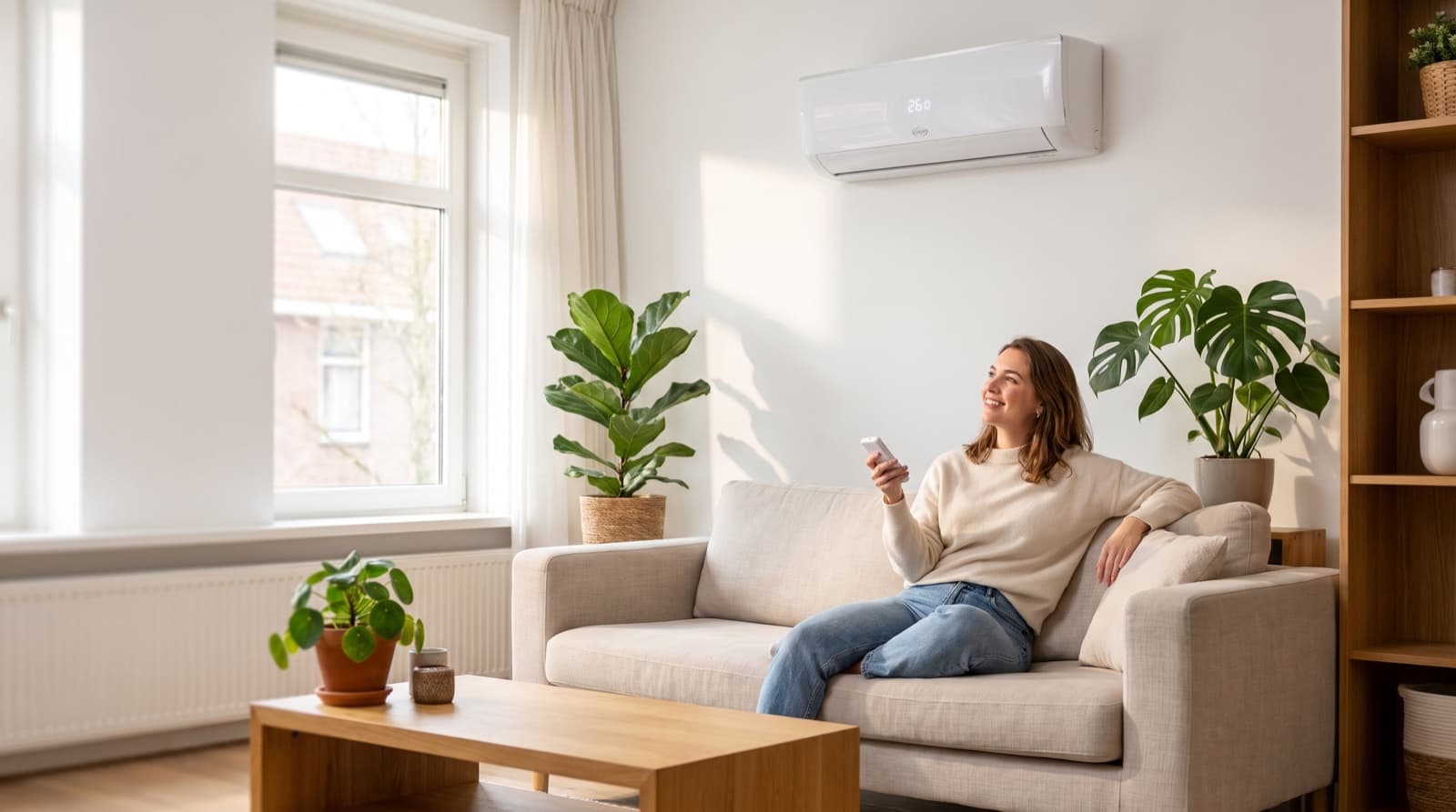 Bewoner bedient ontspannen vanaf de bank met de afstandsbediening de Argo-airco aan de wand