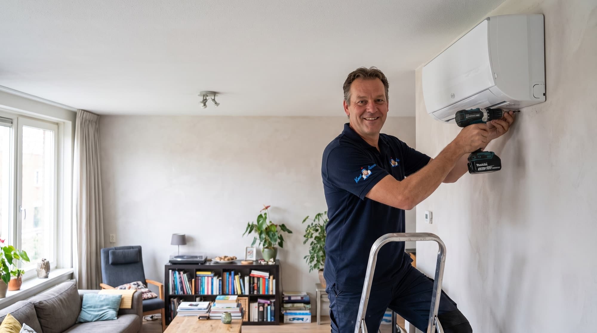 Monteur van Keesairco installeert een Argo-airco op een trapje met een accuboormachine