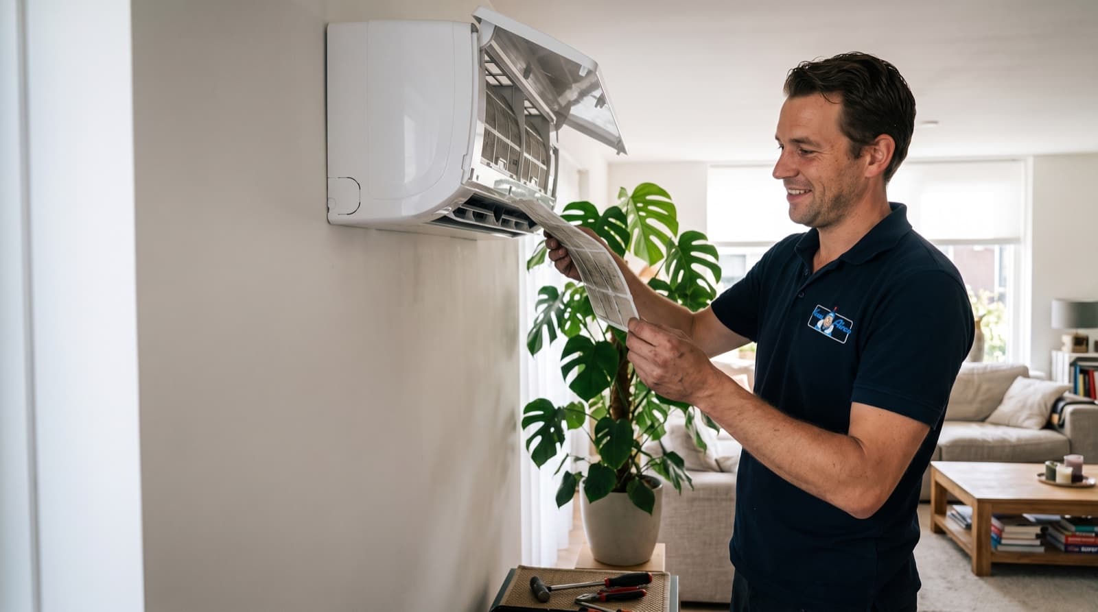 Monteur van Keesairco reinigt het filter van een Argo-airco tijdens een onderhoudsbeurt