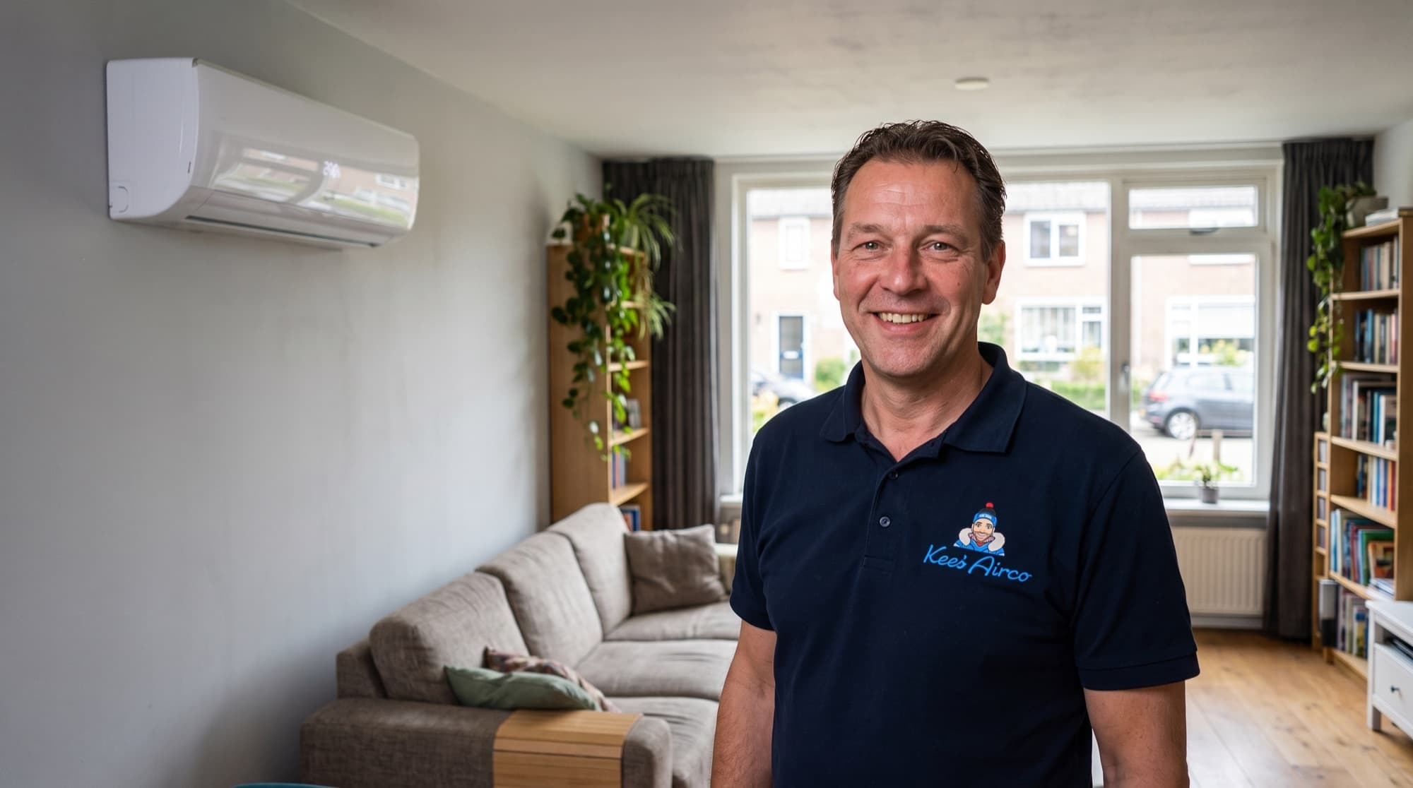 Lachende monteur van Keesairco in een lichte woonkamer met een Argo-airco