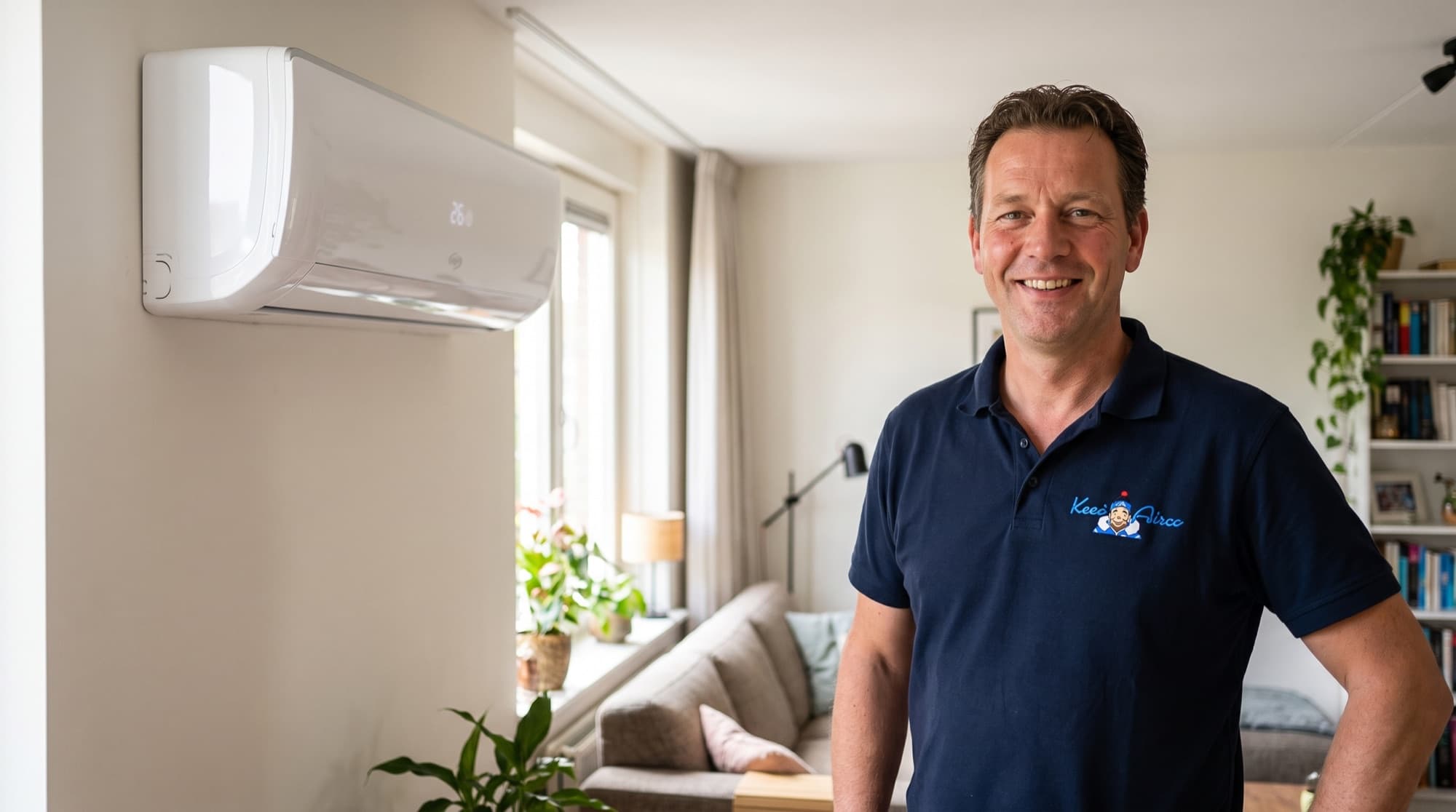 Zelfverzekerde monteur van Keesairco in de woonkamer, met een Argo-airco aan de wand