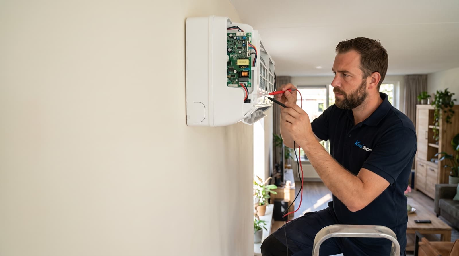 Monteur van Keesairco spoort met een multimeter een storing op aan een Argo-airco