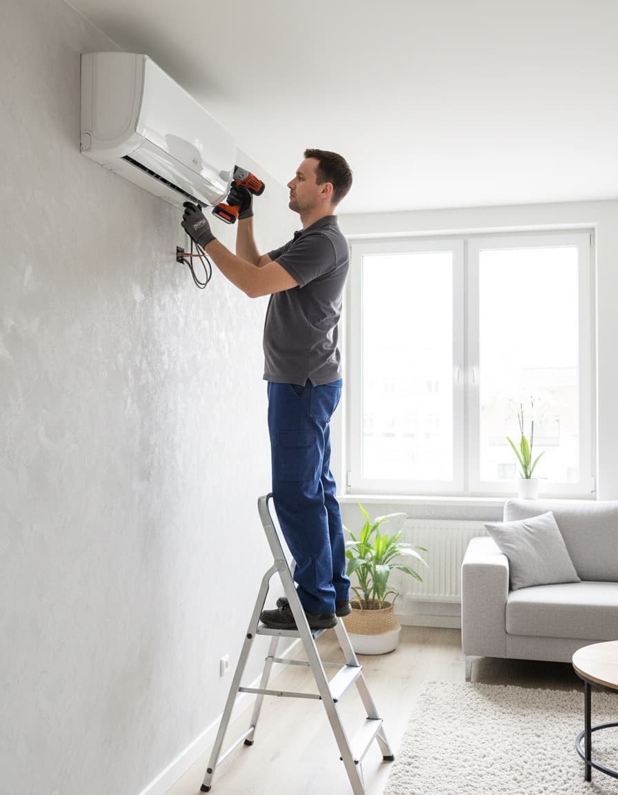 Monteur installeert vakkundig een split-airco aan de wand