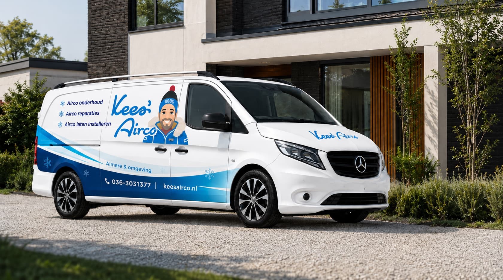 Kees’ Airco bus bij een moderne woning in Almere