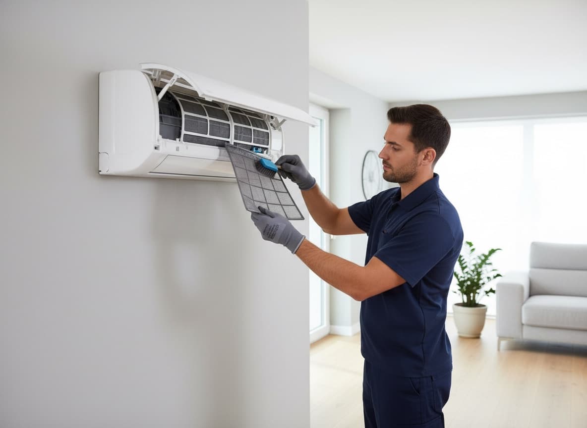 Monteur voert onderhoud uit aan een airco-binnenunit