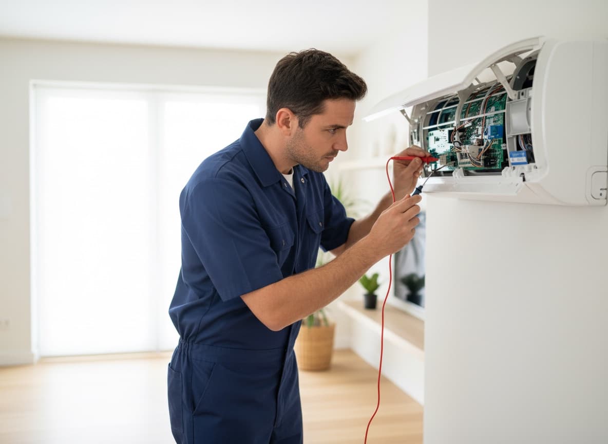 Monteur repareert een airco-binnenunit