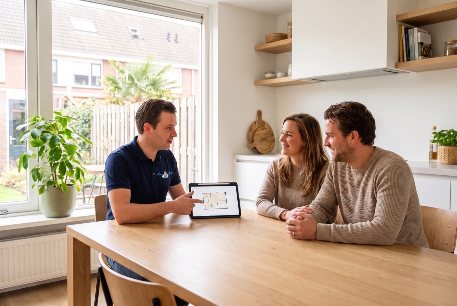 Airco-adviseur bespreekt aan de keukentafel de plattegrond met een echtpaar