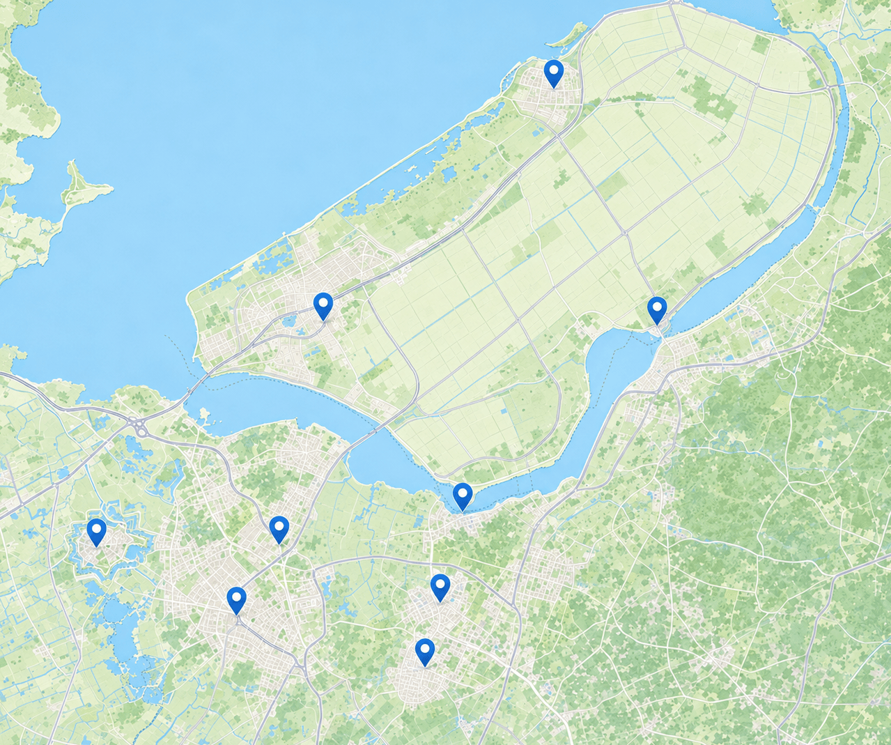 Kaart van het werkgebied: Flevoland en 't Gooi met de servicelocaties van Keesairco